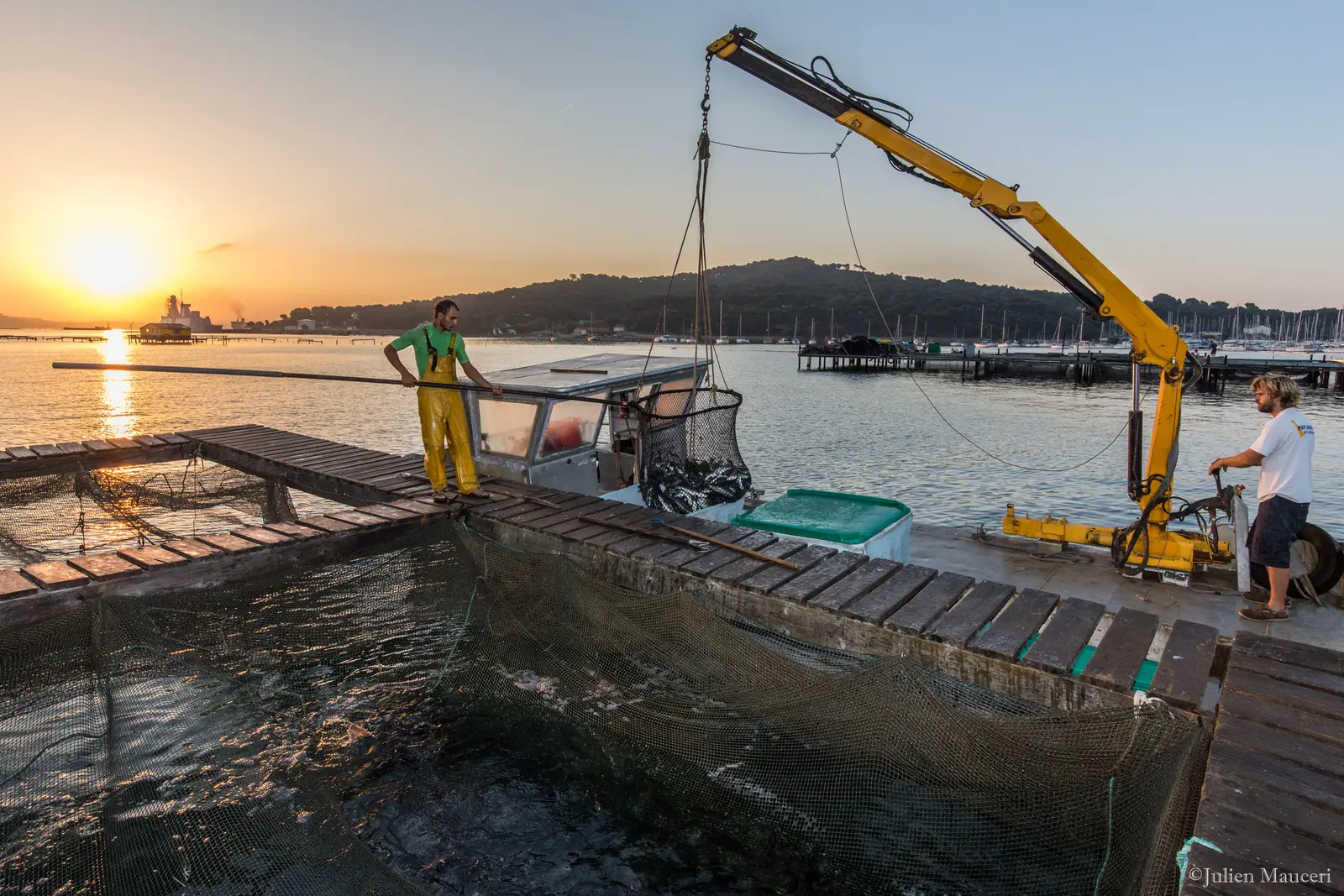 Au lever du jour, la grue du bateau sort de la cage une épuisette pleine de poissons